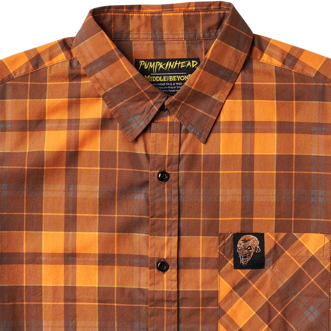 Collections Etc Pumpkin and Cat Plaid Button-Down Collared Shirt with  Roll-Tab Sleeves 