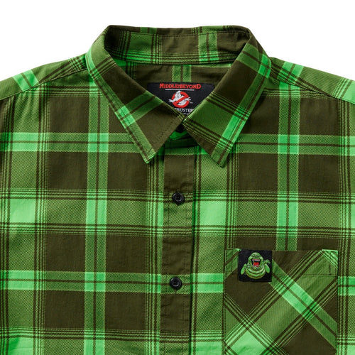 Ghostbusters Slimer Plaid Short Sleeve Button-Up Shirt